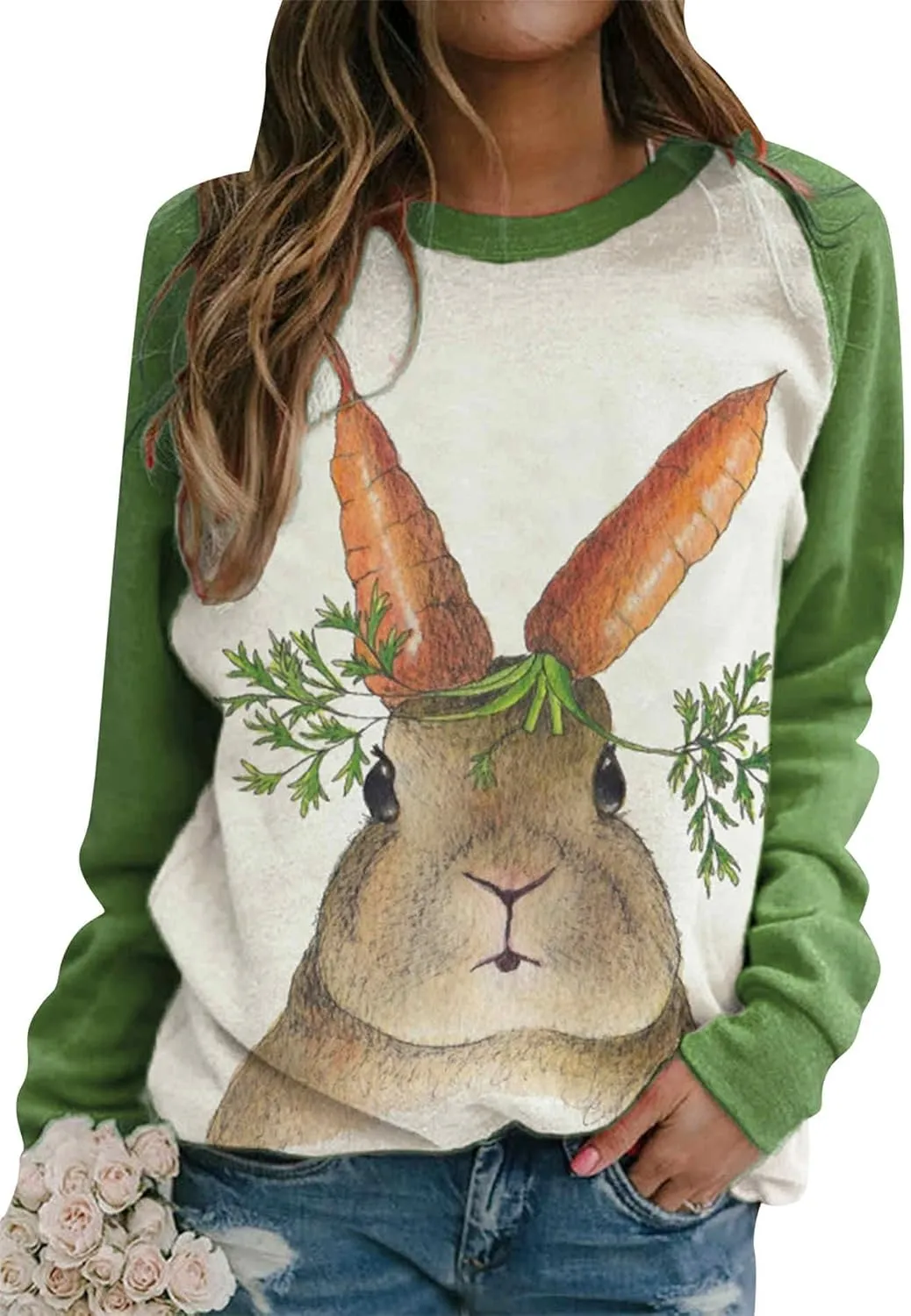 FLITAY Women's Easter Basic Sweatshirt Crew Neck Long Sleeve Sweatshirt Casual Loose Sweatshirt with Rabbit Print