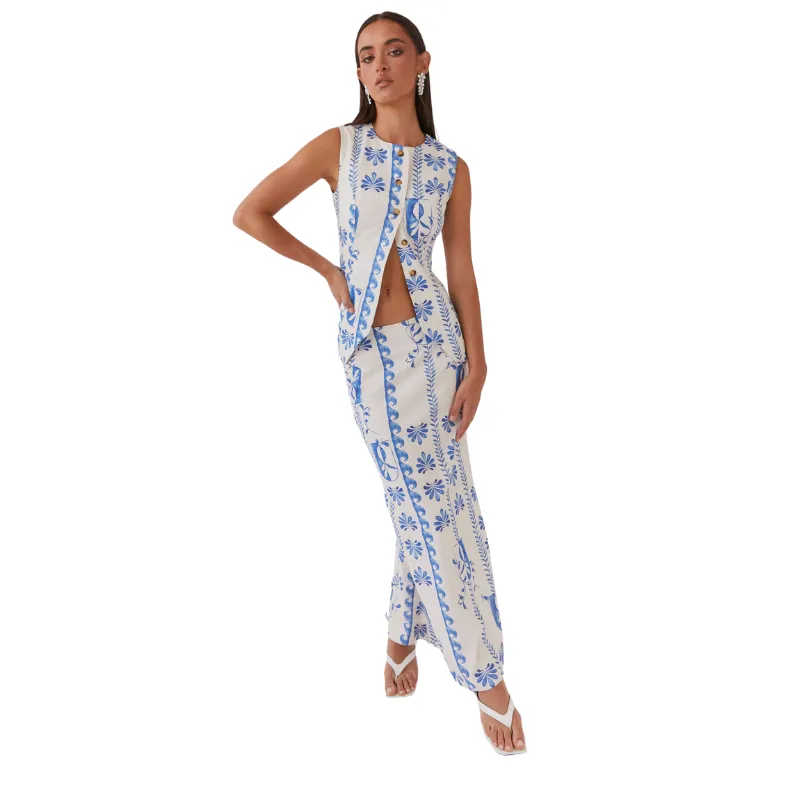 Floral Design Two Piece Vest And Pants Set