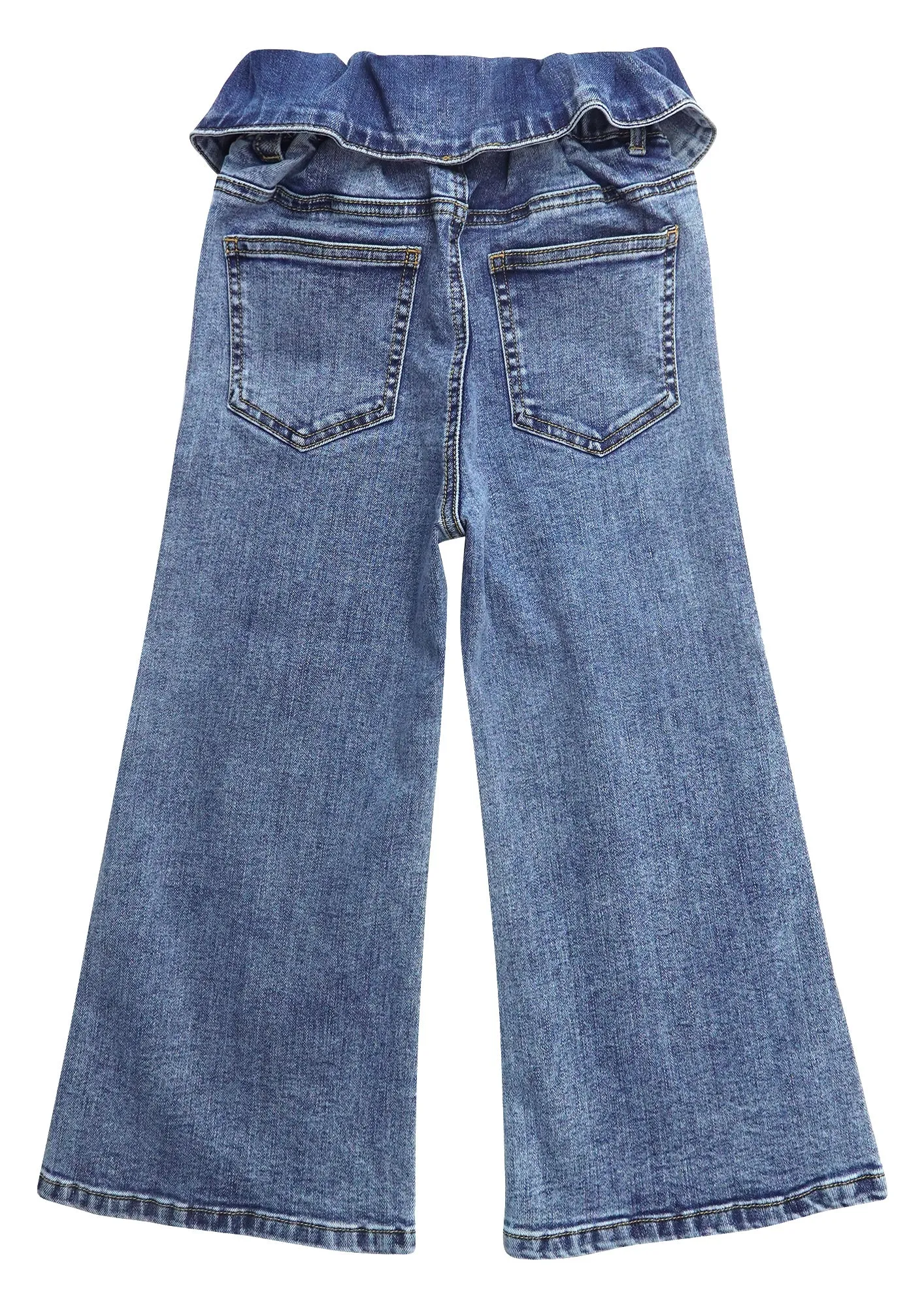 Flounced Girls Wide-leg Stretch Denim Pants, 5-14T Ribbed Elastic Waist with Chain Jeans