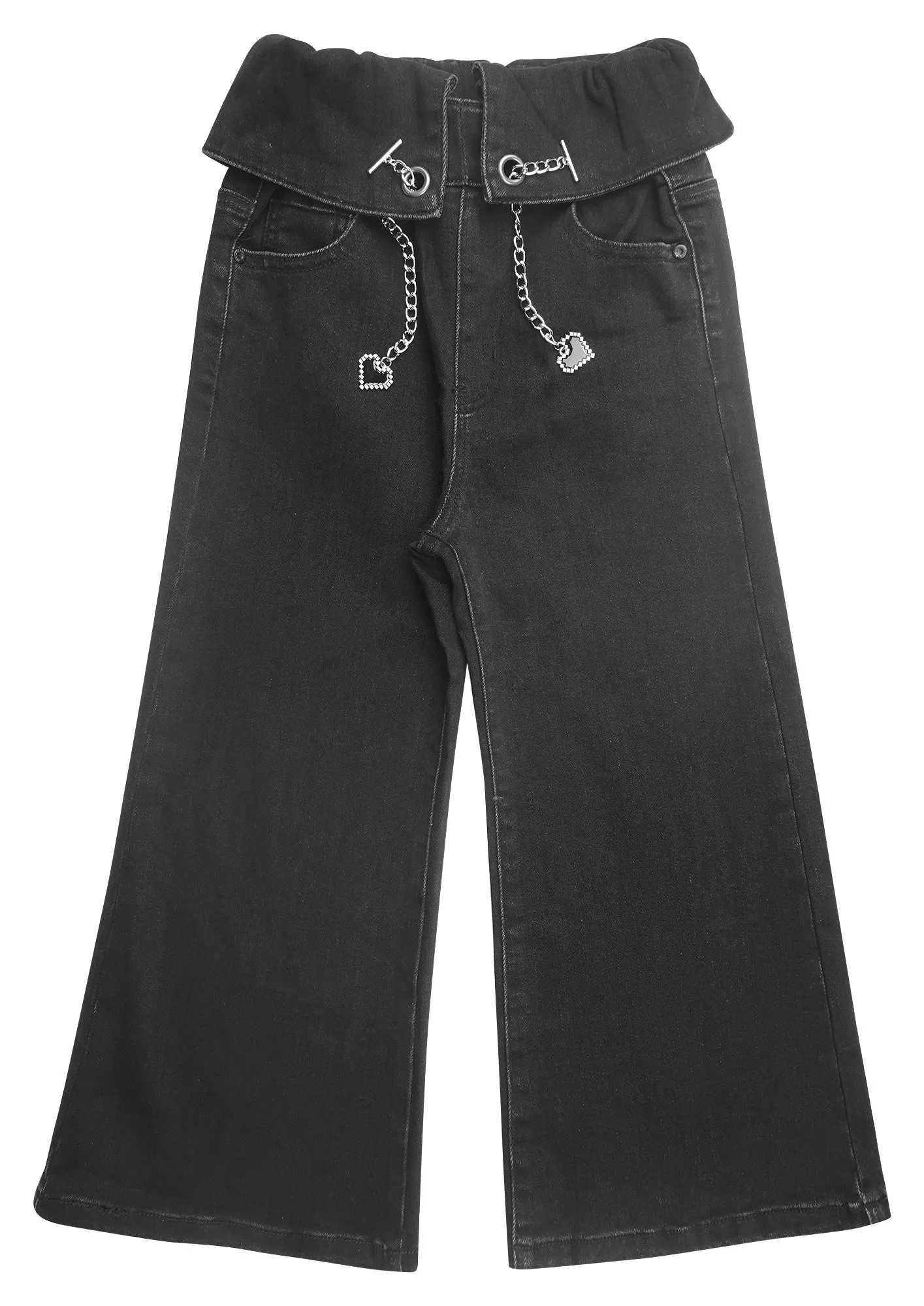 Flounced Girls Wide-leg Stretch Denim Pants, 5-14T Ribbed Elastic Waist with Chain Jeans