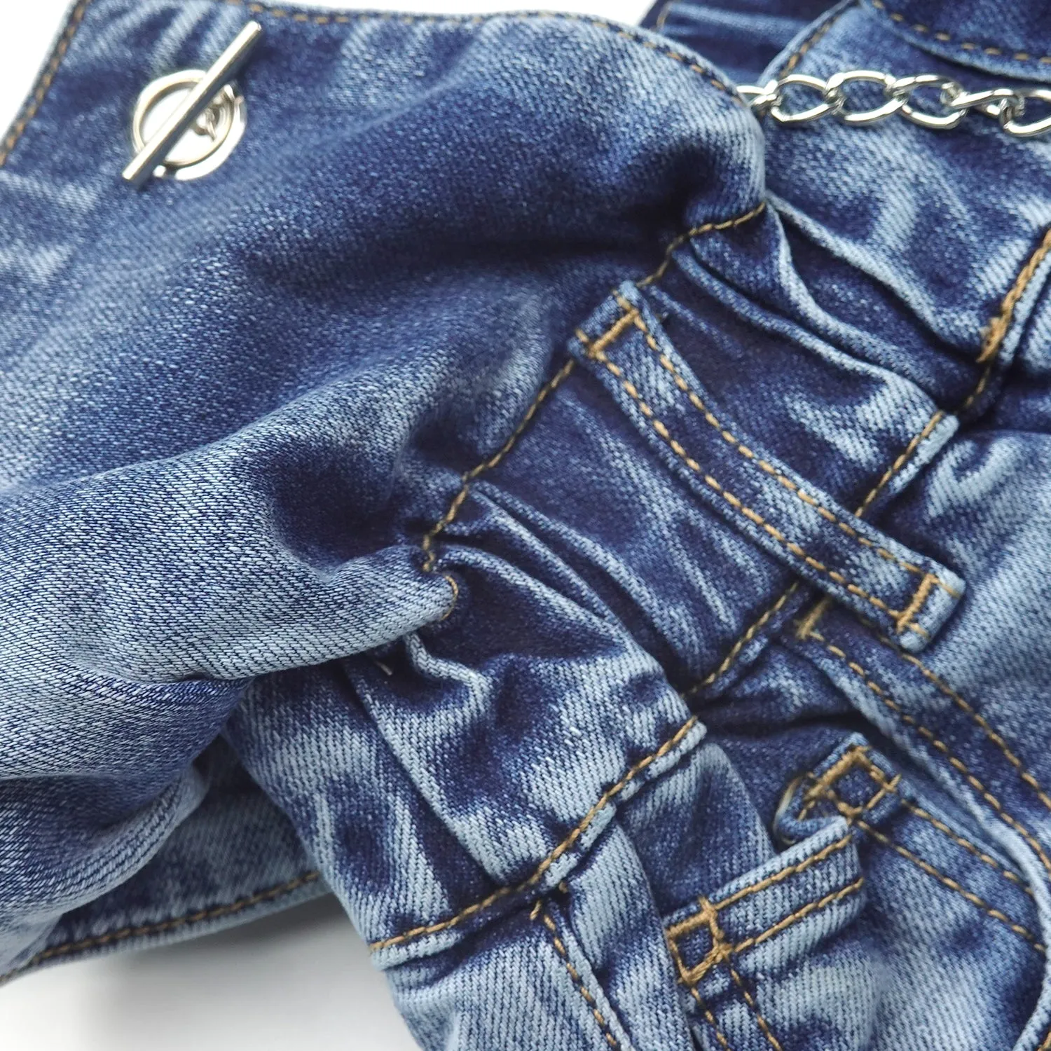 Flounced Girls Wide-leg Stretch Denim Pants, 5-14T Ribbed Elastic Waist with Chain Jeans