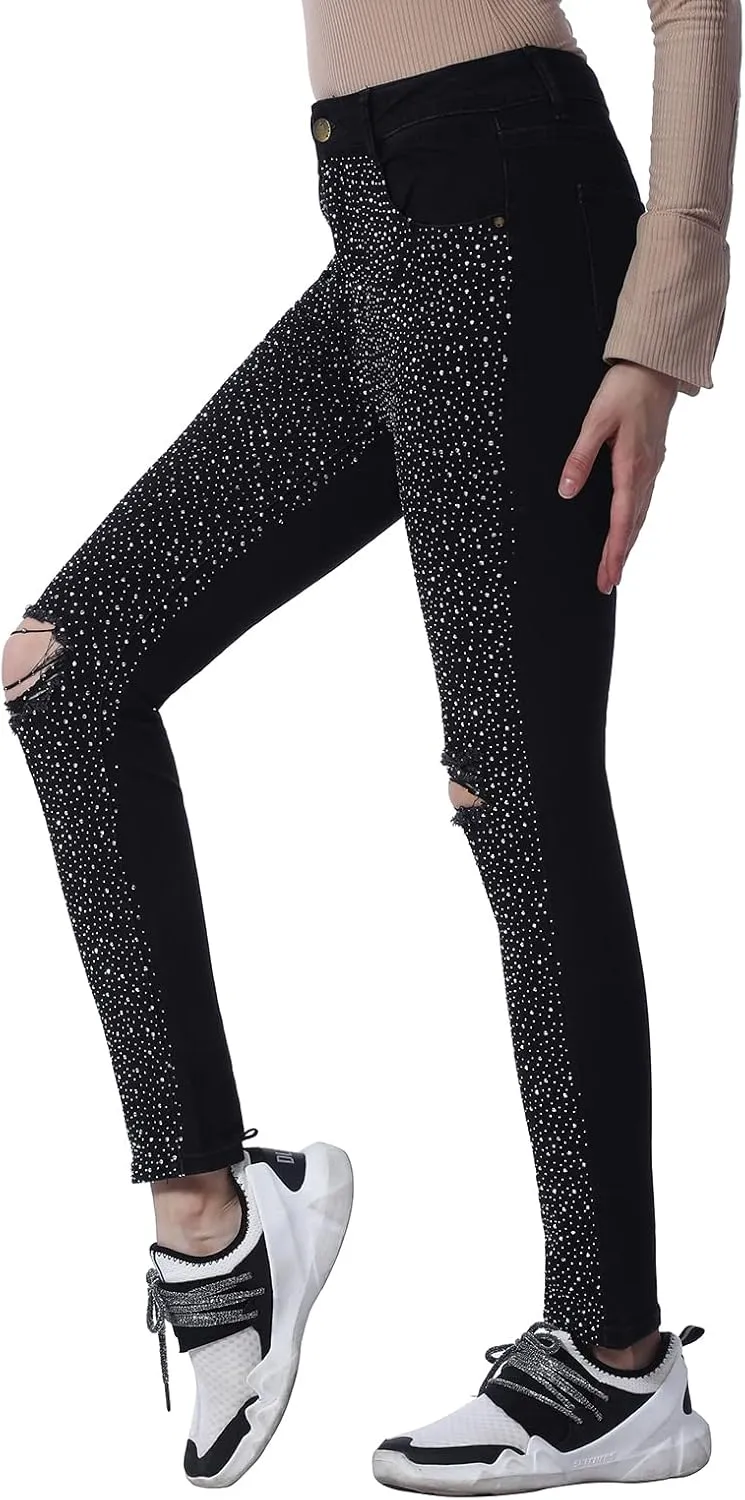 Full Rhinestone Mid Waist Ripped Skinny Jeans Ladies Curve Waist Hot Drill Pants Slim Soft Stretch Jeans