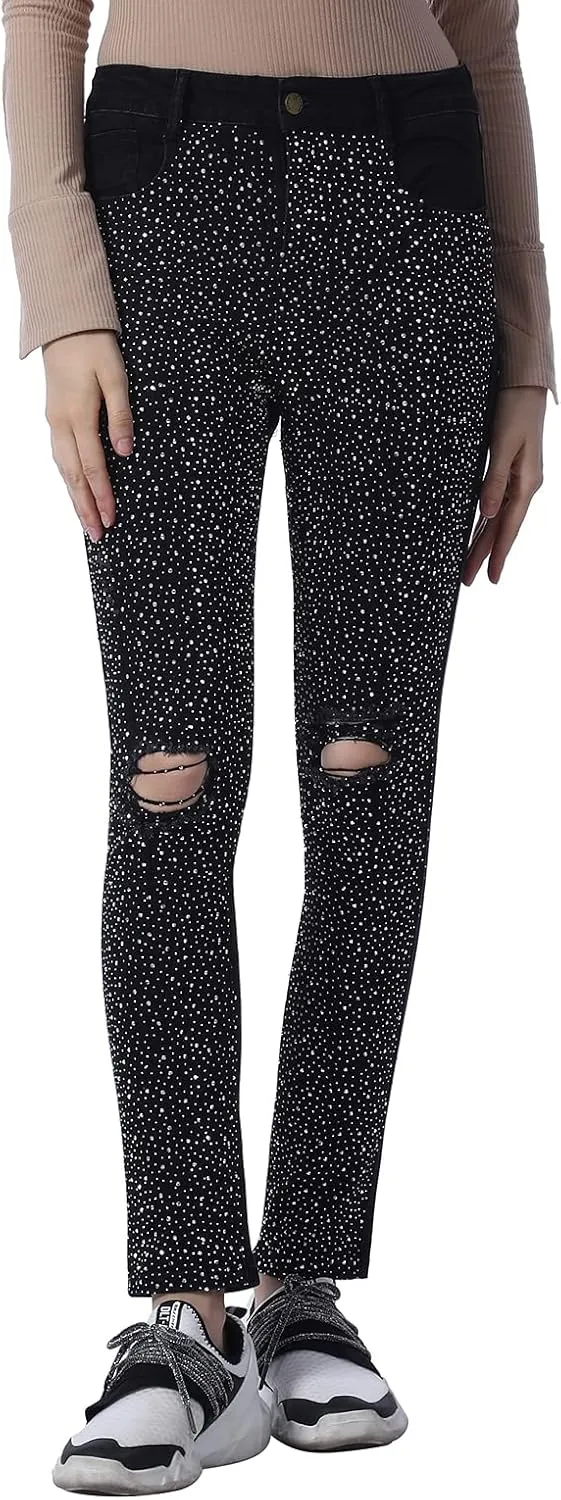 Full Rhinestone Mid Waist Ripped Skinny Jeans Ladies Curve Waist Hot Drill Pants Slim Soft Stretch Jeans