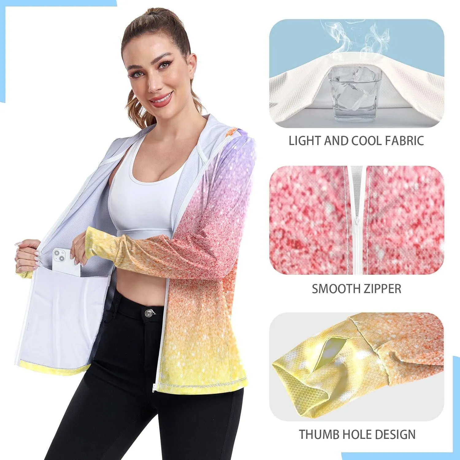 GAIGEO Purple Red Yellow Glitter Women Jacket Breathable Sunscreen Clothing for Women UPF 50 , with Zip Pockets, S
