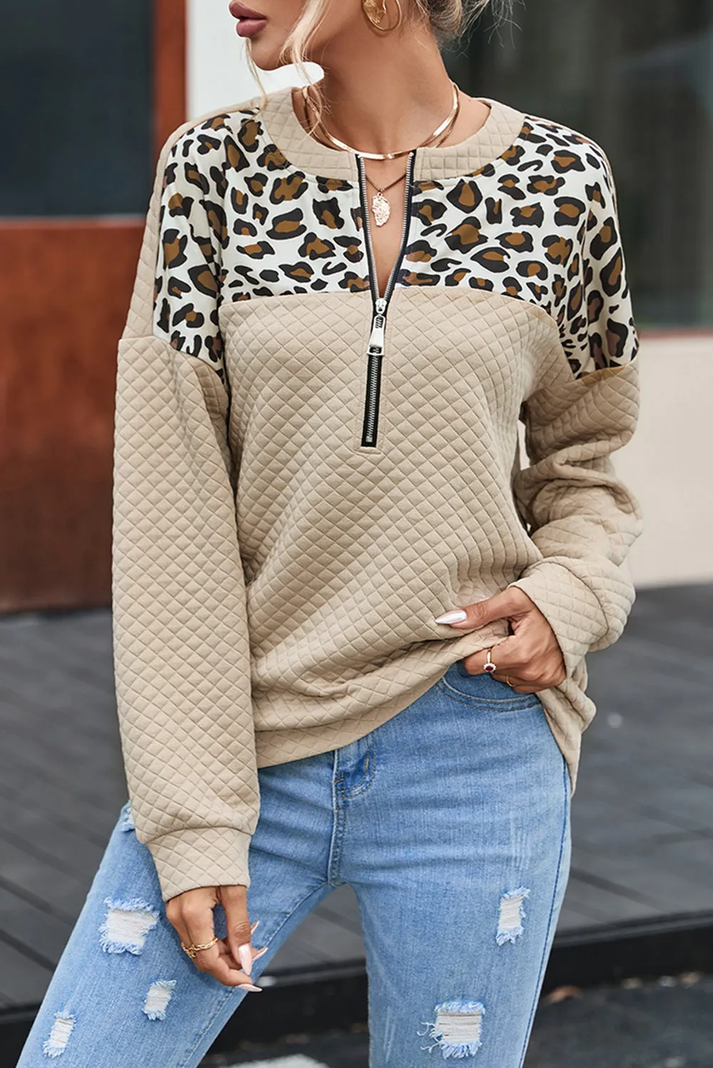 Harlow Leopard Splicing Drop Shoulder Zipped Sweatshirt