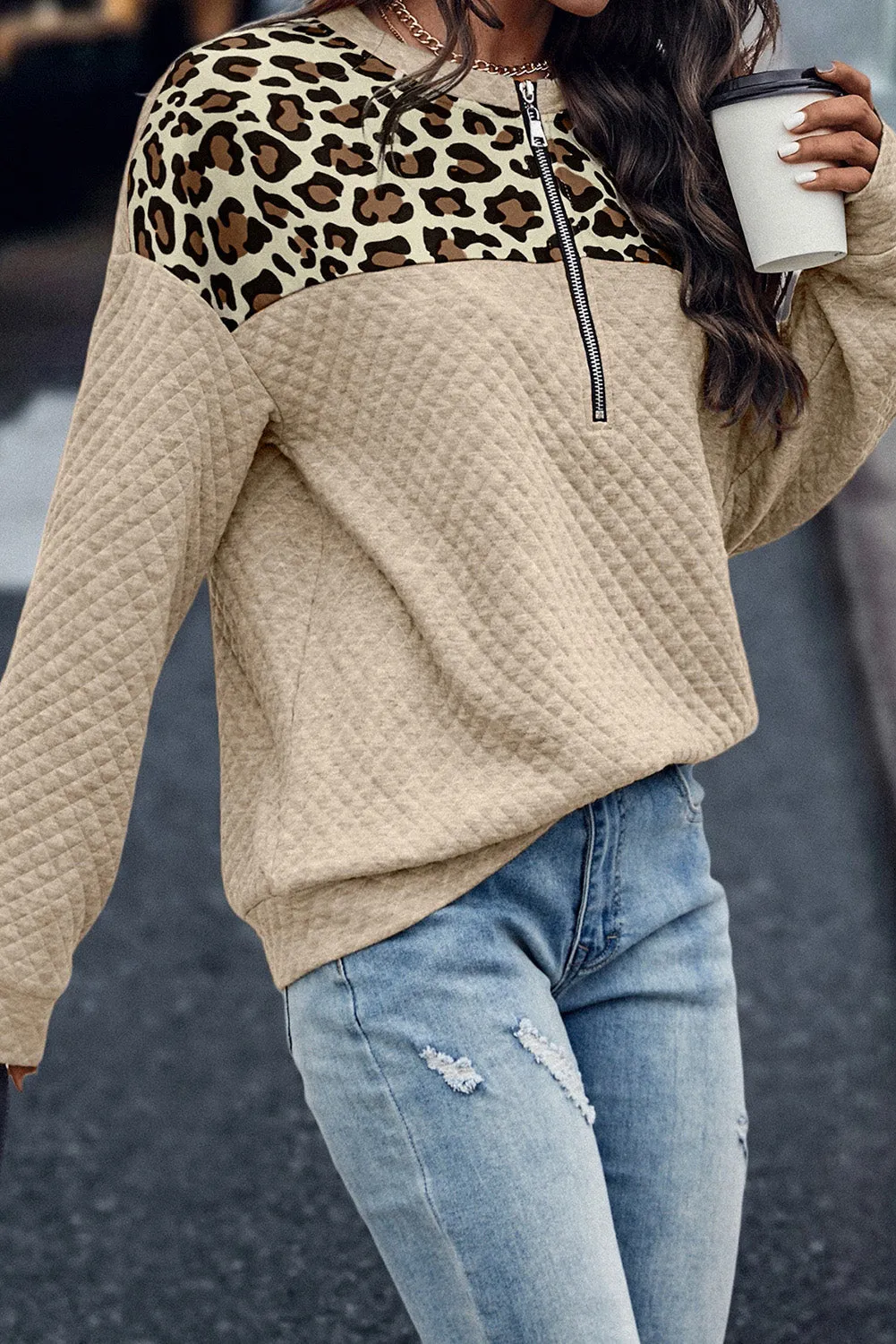 Harlow Leopard Splicing Drop Shoulder Zipped Sweatshirt