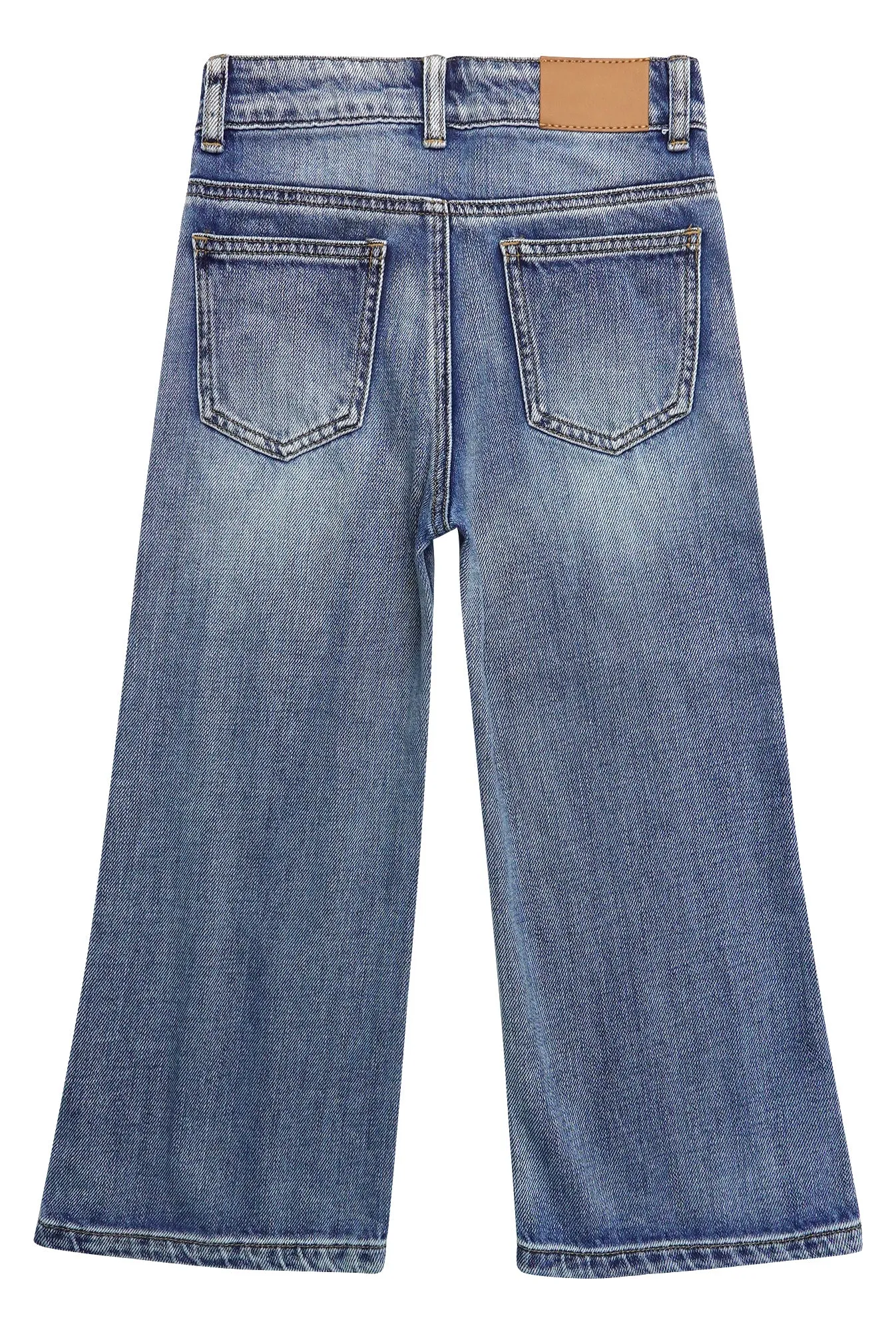 Hiden Front Pockets Girls Wide-leg Denim Pants, 5-14T Elastic Waistband Inside with D-ring Loops Jeans