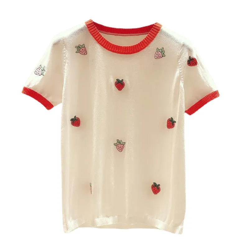Korea embroidered strawberry kawaii knitwear crew collar pullover knited women t-shirt top instafashion