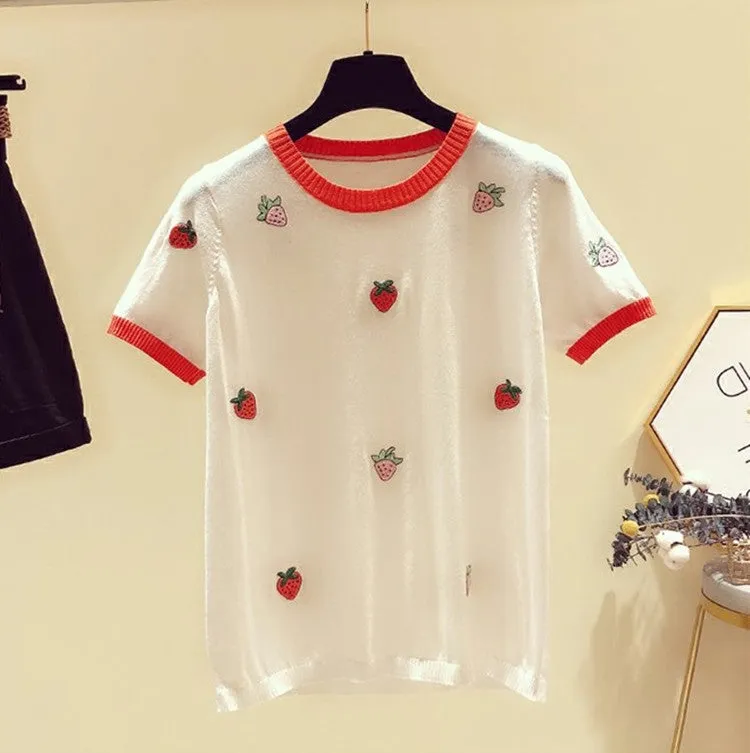 Korea embroidered strawberry kawaii knitwear crew collar pullover knited women t-shirt top instafashion