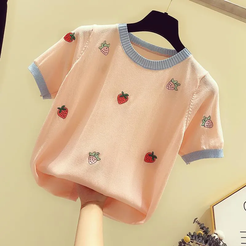 Korea embroidered strawberry kawaii knitwear crew collar pullover knited women t-shirt top instafashion