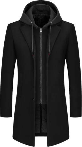 Lamgool Men's Winter Long Coat Wool Blend Single Breasted Overcoat With Removable Hood