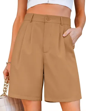 luvamia Bermuda Shorts for Women Dressy Casual High Waisted Summer Work Elastic Waist Pleated Dress Shorts with Pockets