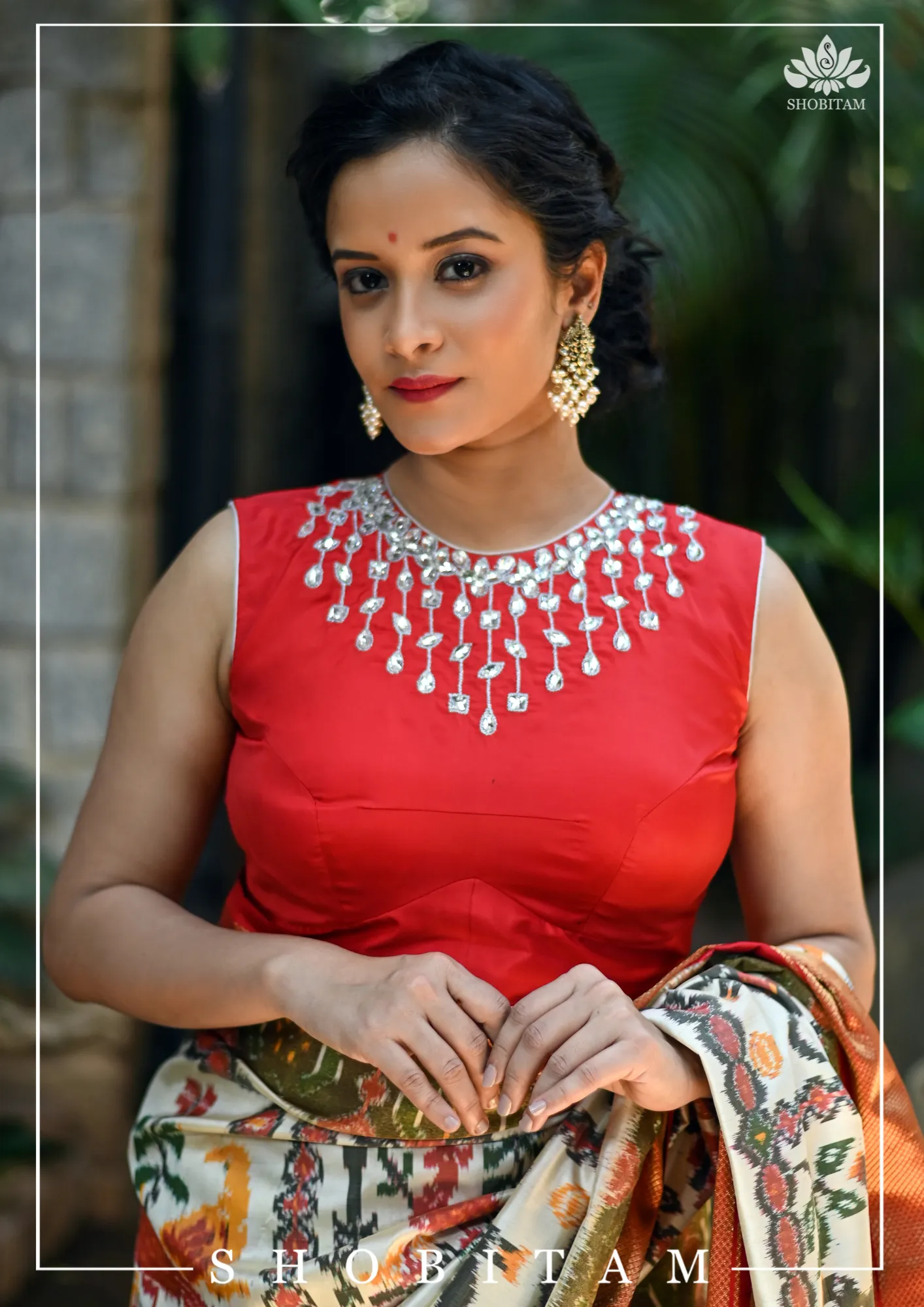 Made to Measure:  Necklace Design White Rhinestone Blouse on Red Silk, Customization Possible