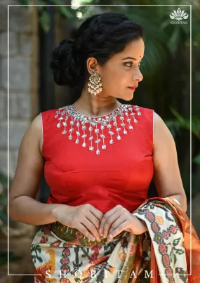 Made to Measure:  Necklace Design White Rhinestone Blouse on Red Silk, Customization Possible