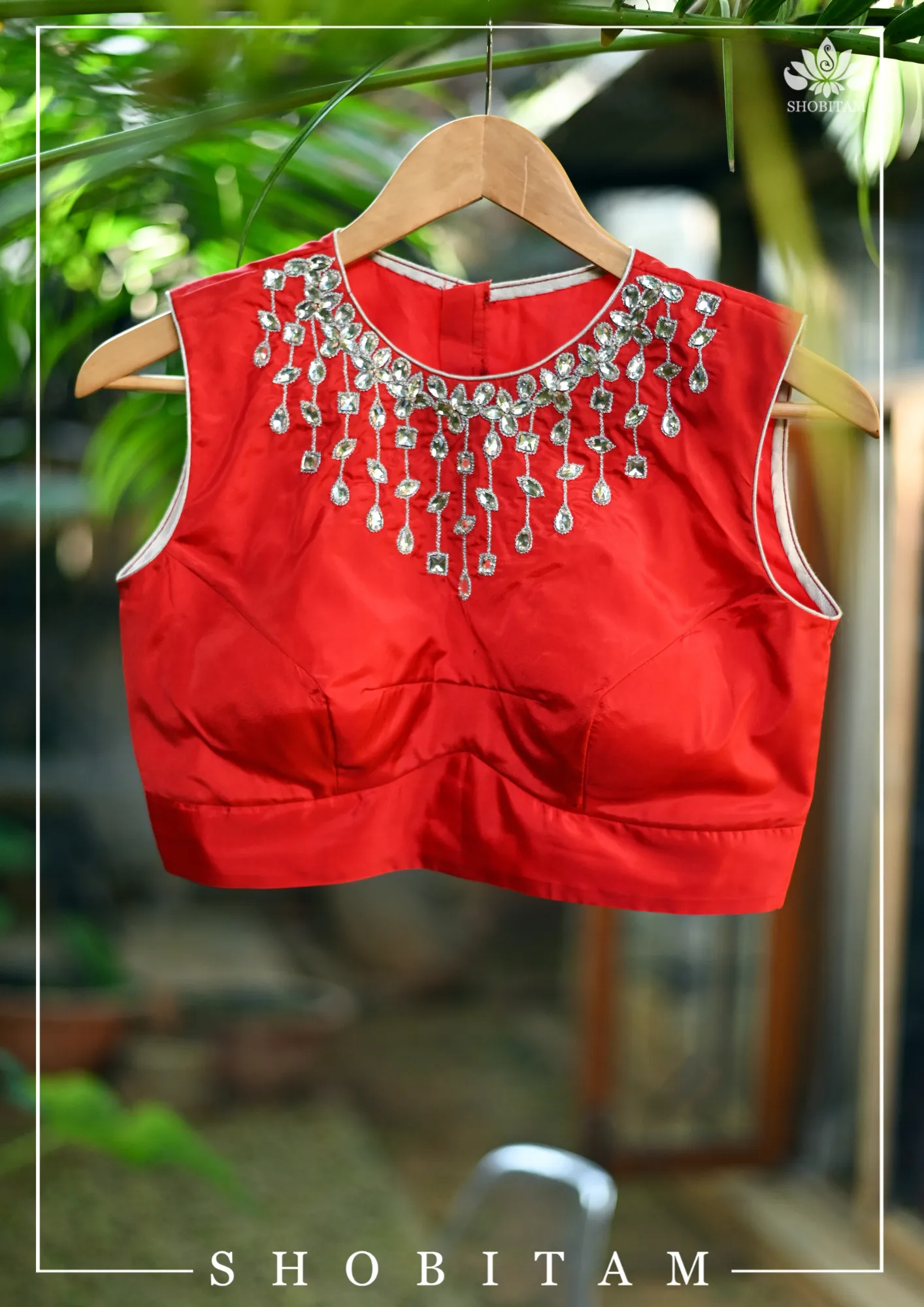 Made to Measure:  Necklace Design White Rhinestone Blouse on Red Silk, Customization Possible