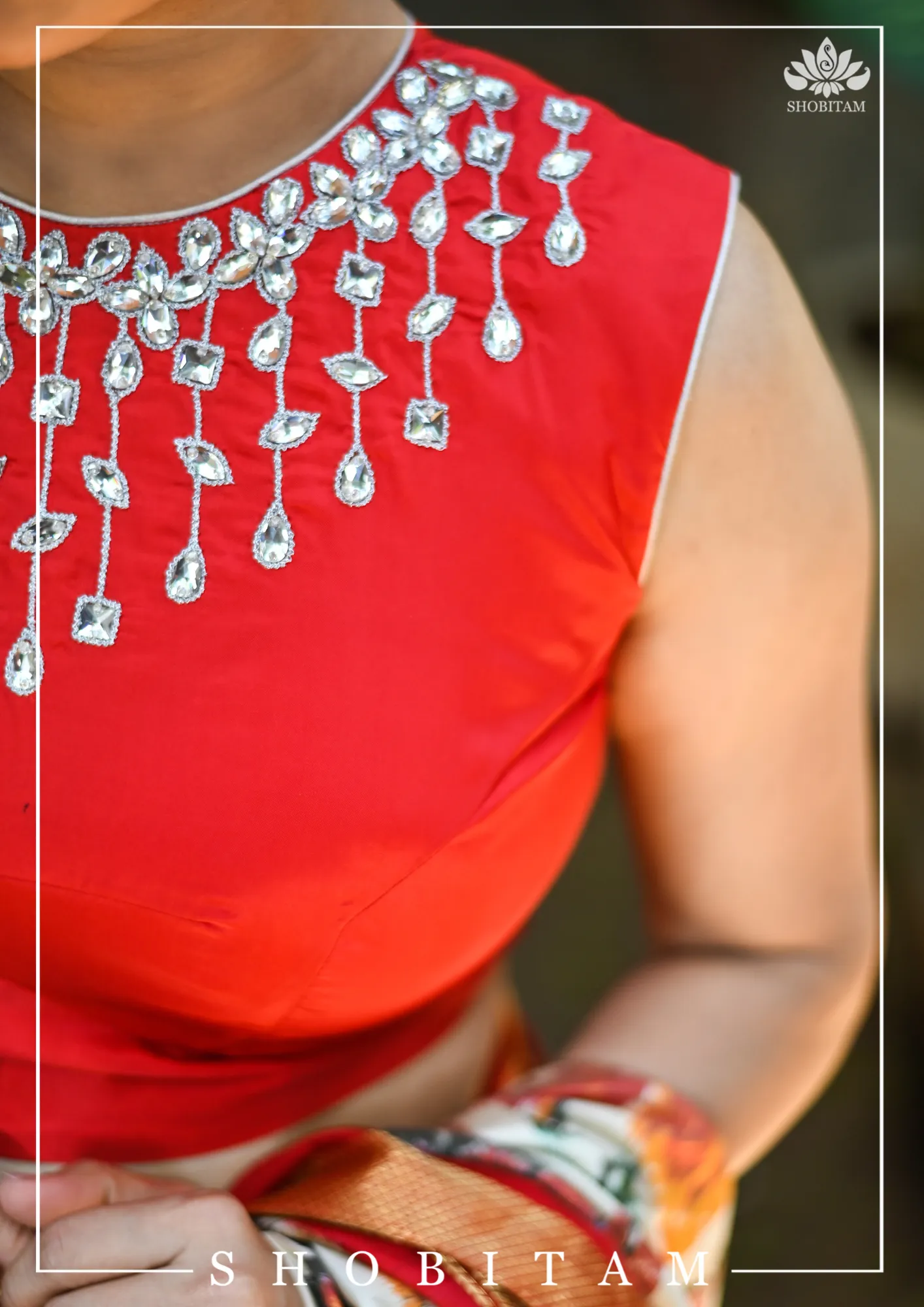 Made to Measure:  Necklace Design White Rhinestone Blouse on Red Silk, Customization Possible