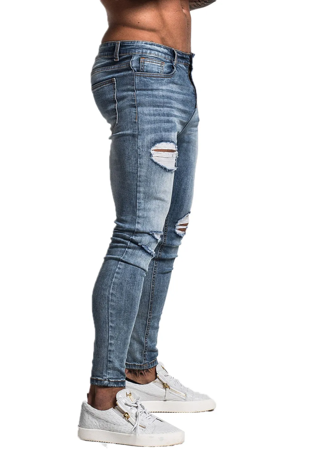 Mens Blue Ripped Skinny Jeans Stretch Jeans
