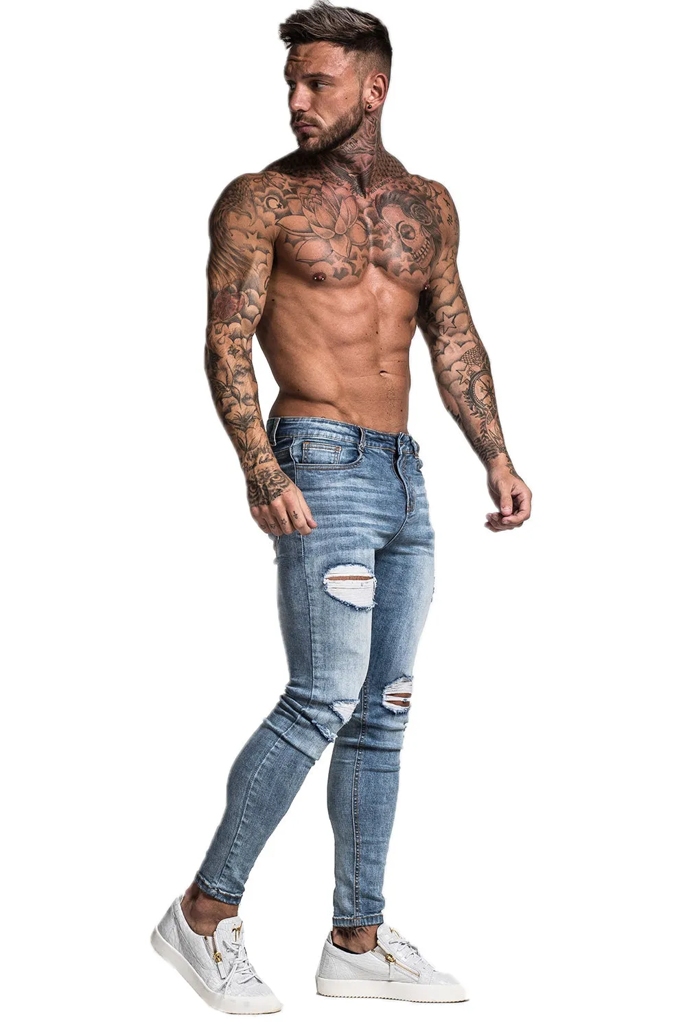 Mens Blue Ripped Skinny Jeans Stretch Jeans