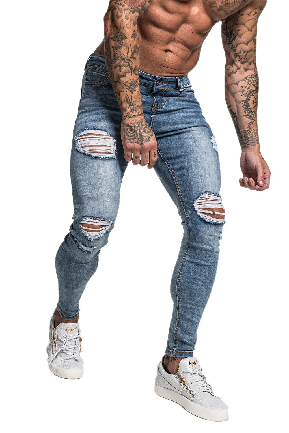Mens Blue Ripped Skinny Jeans Stretch Jeans