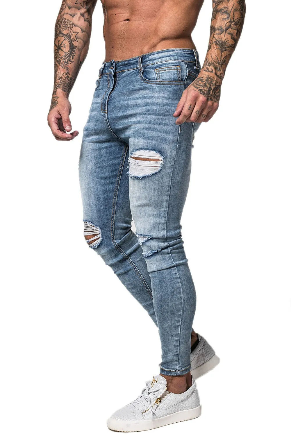 Mens Blue Ripped Skinny Jeans Stretch Jeans
