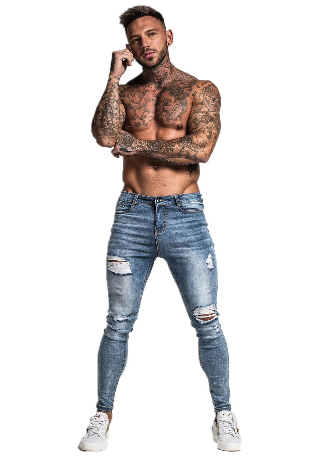 Mens Blue Ripped Skinny Jeans Stretch Jeans