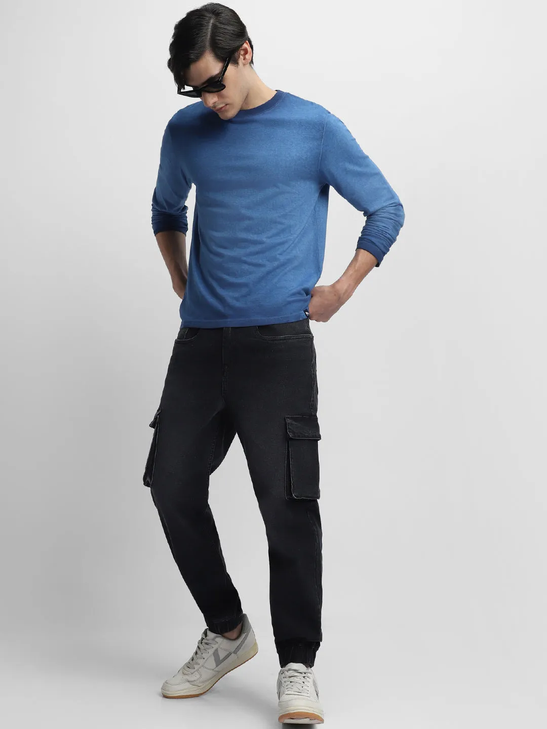 Men's Cargo Jogger Fit Washed Black Stretchable Jeans