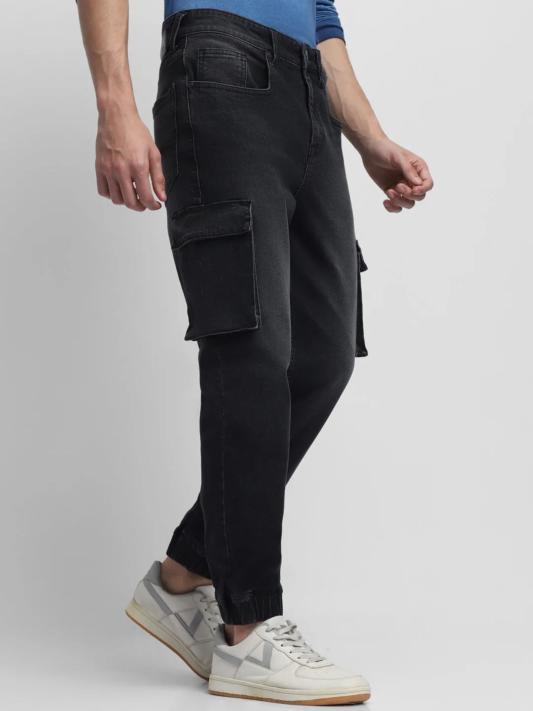 Men's Cargo Jogger Fit Washed Black Stretchable Jeans