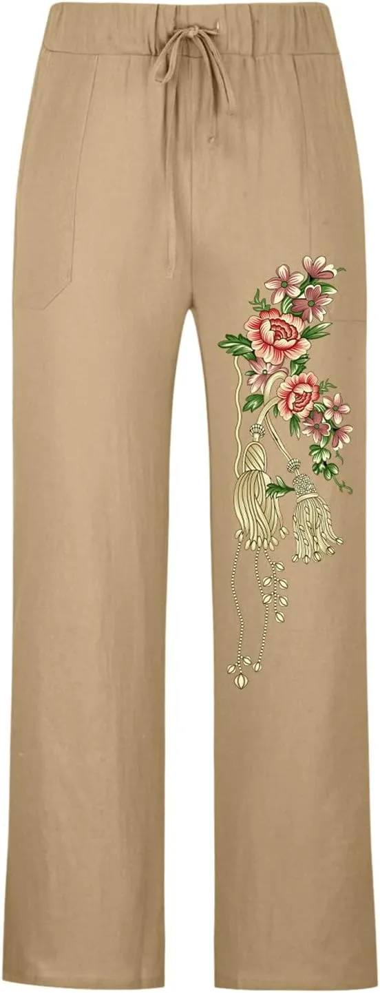 Mens Casual Linen Pants Loose Fit Flower Print Elastic Drawstring Waist Straight-Legs Summer Yoga Beach Long Pants
