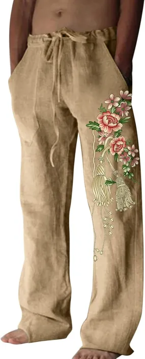 Mens Casual Linen Pants Loose Fit Flower Print Elastic Drawstring Waist Straight-Legs Summer Yoga Beach Long Pants
