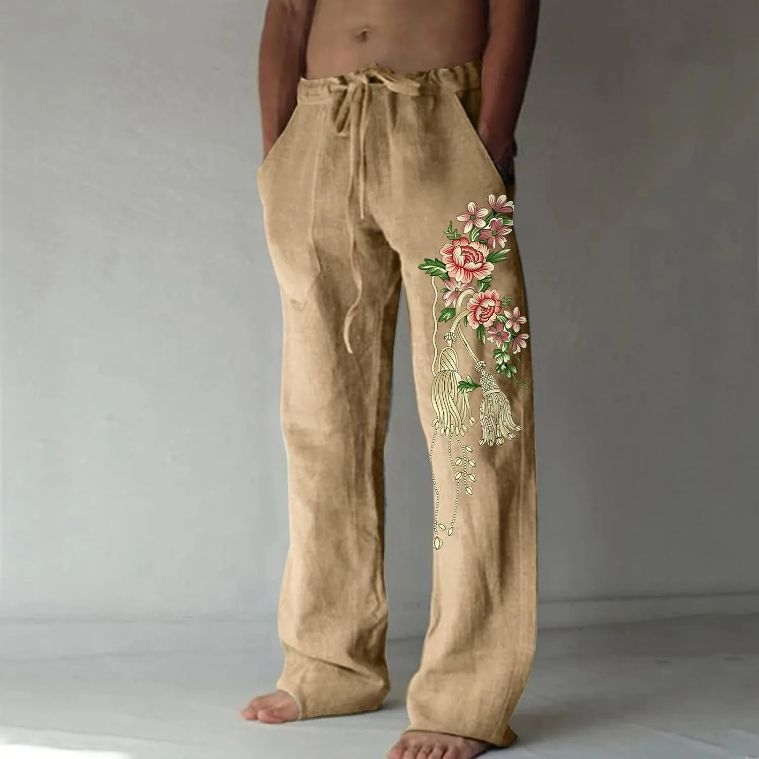 Mens Casual Linen Pants Loose Fit Flower Print Elastic Drawstring Waist Straight-Legs Summer Yoga Beach Long Pants