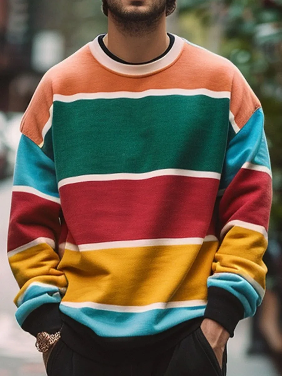 Men's Colorful Stripe Printed Casual Crewneck Sweatshirt