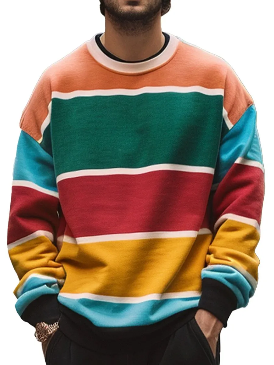 Men's Colorful Stripe Printed Casual Crewneck Sweatshirt