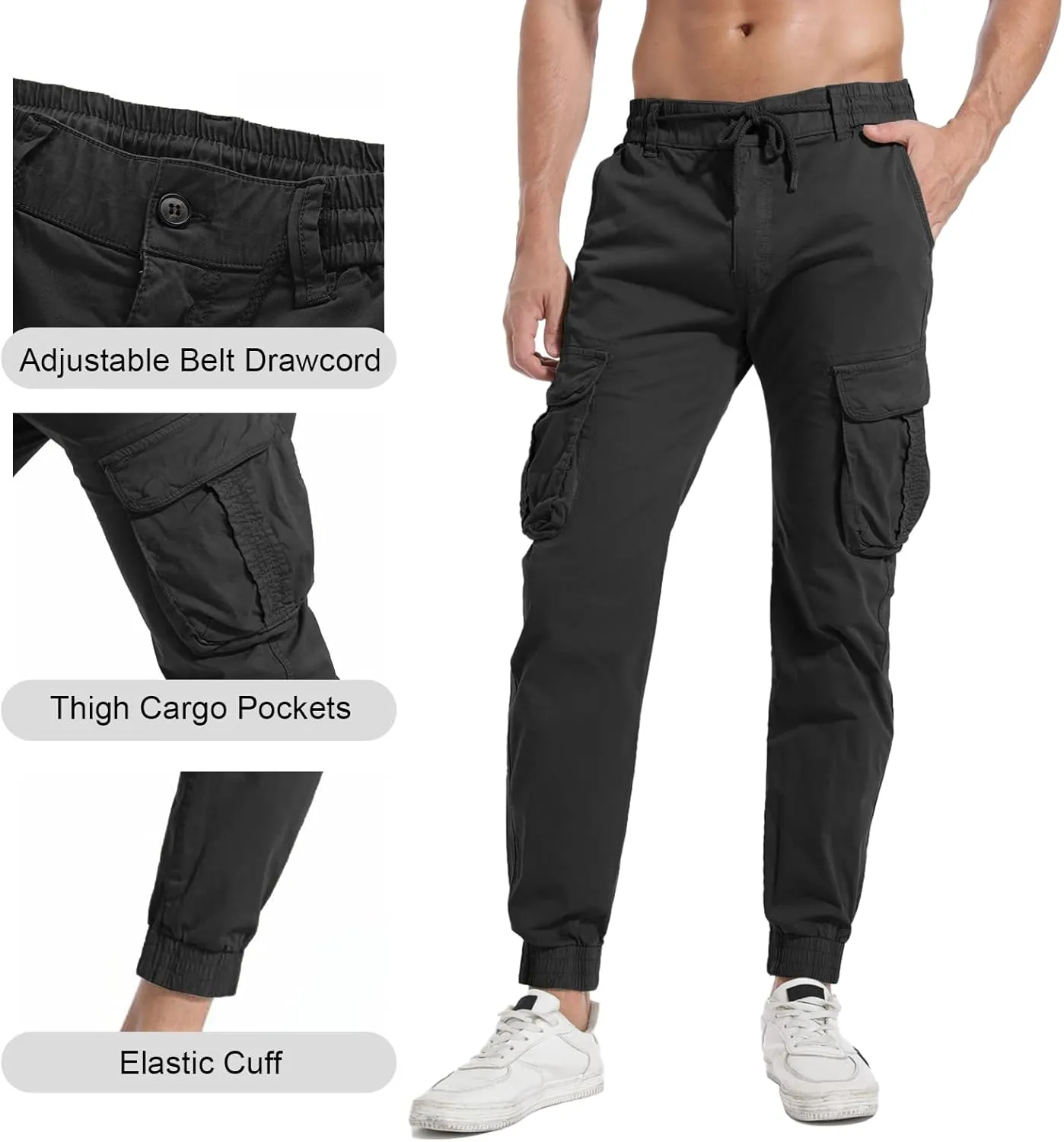 Men's Hiking Cargo Pants Joggers Slim Fit Stretch Lightweight Casual Work Pants with Pockets Drawstring Waist