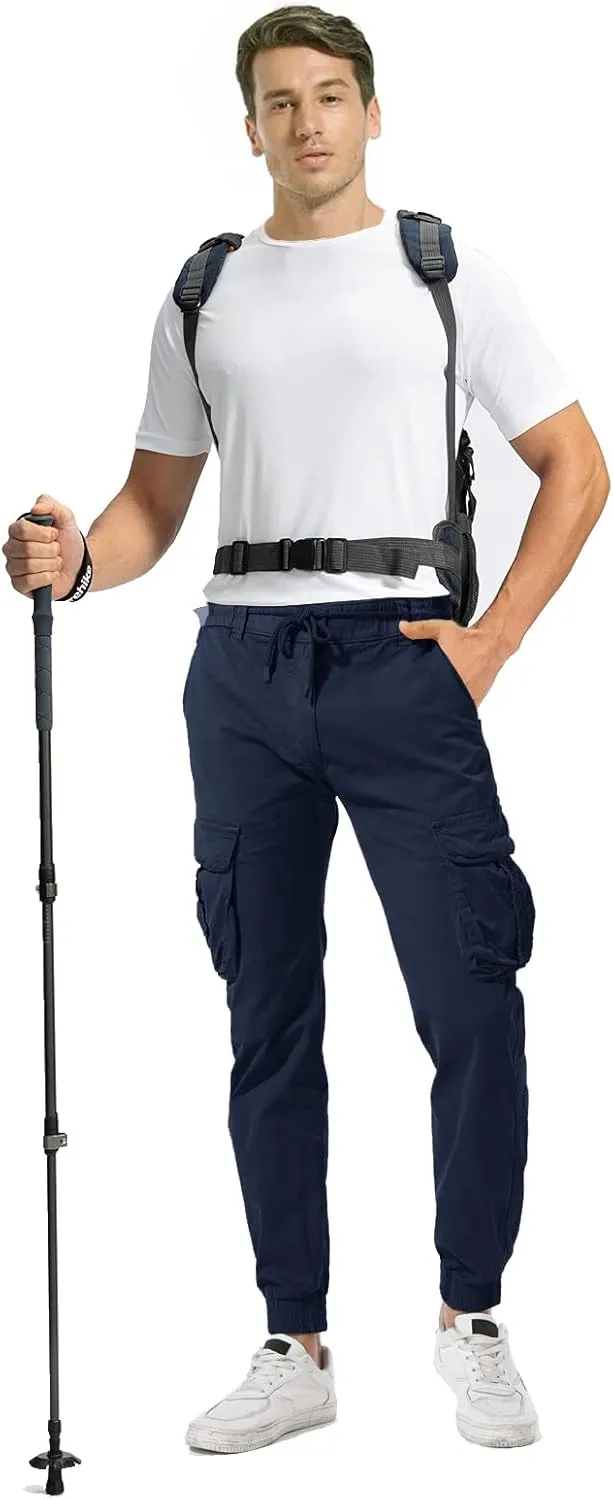 Men's Hiking Cargo Pants Joggers Slim Fit Stretch Lightweight Casual Work Pants with Pockets Drawstring Waist