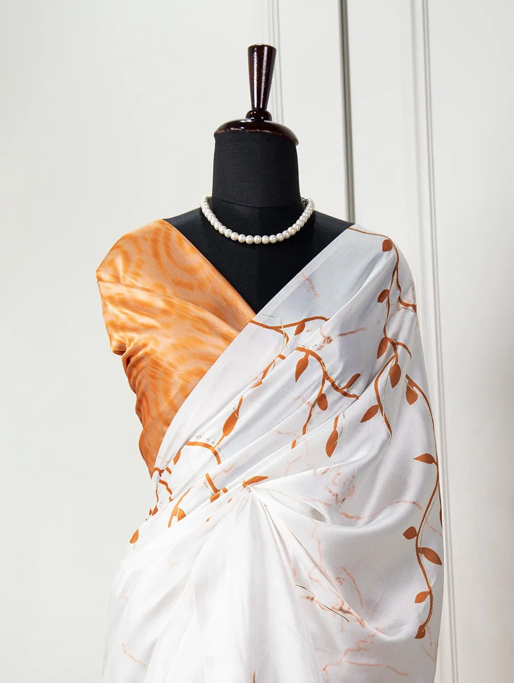 Mesmerizing White Digital Printed Satin Silk Saree with Foil Work - Wedding Elegance