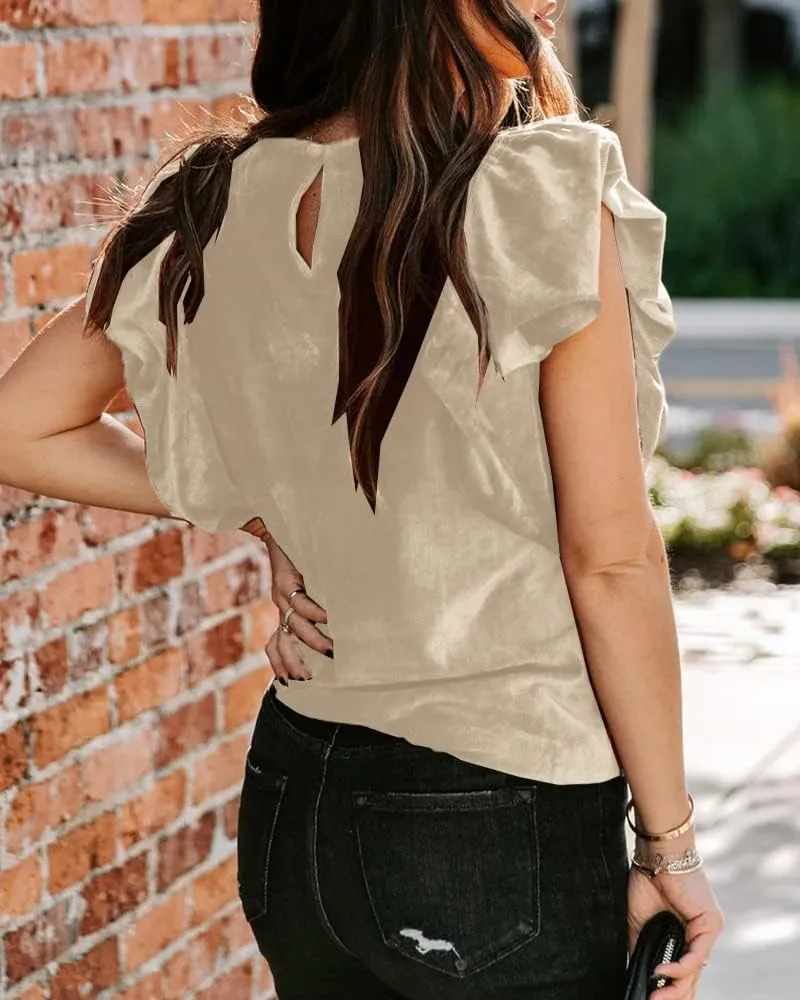 MIRACMODA Womens Elegant Ribbed Velvet Top Crew Neck Short Ruffle Sleeve Casual T Shirt Blouse