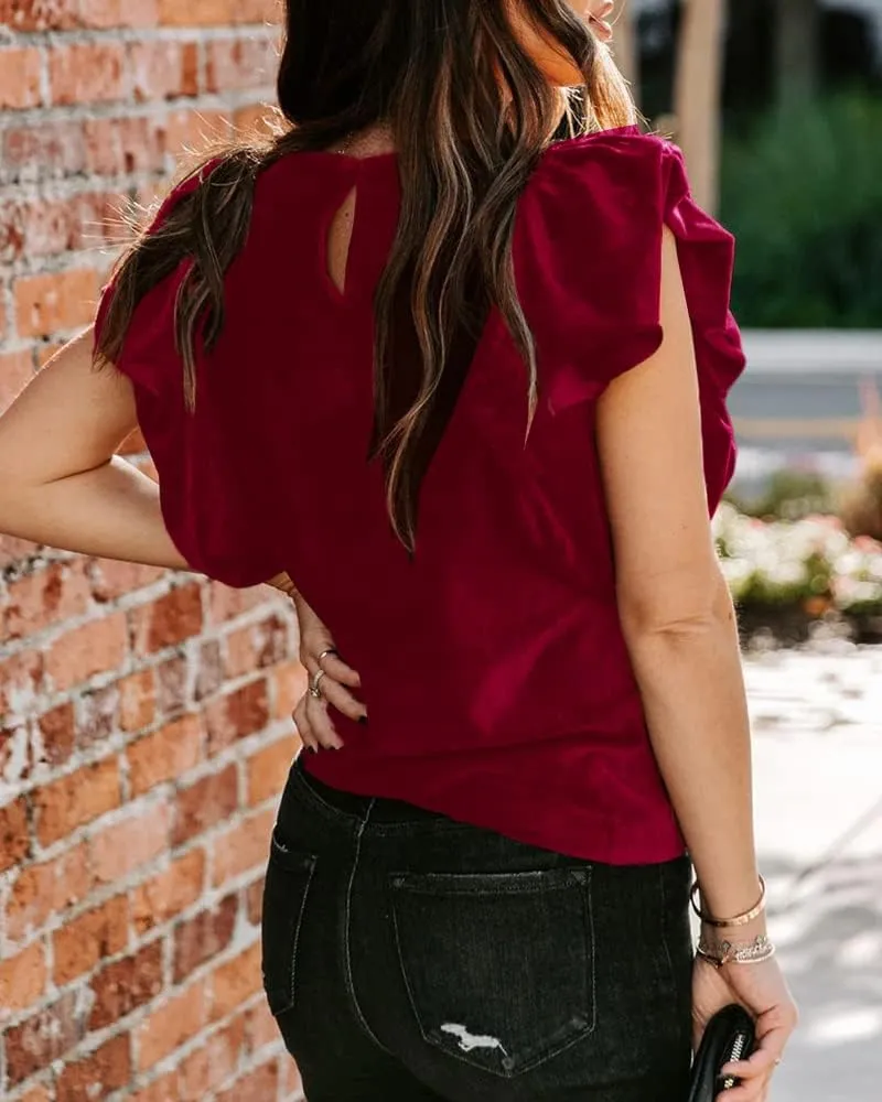 MIRACMODA Womens Elegant Ribbed Velvet Top Crew Neck Short Ruffle Sleeve Casual T Shirt Blouse