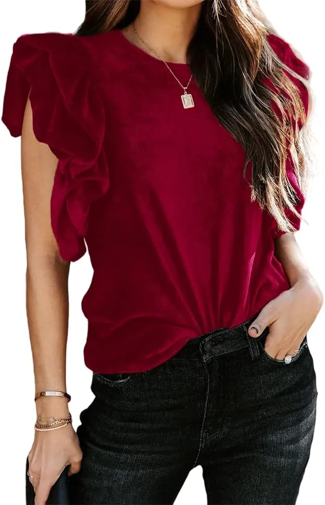 MIRACMODA Womens Elegant Ribbed Velvet Top Crew Neck Short Ruffle Sleeve Casual T Shirt Blouse