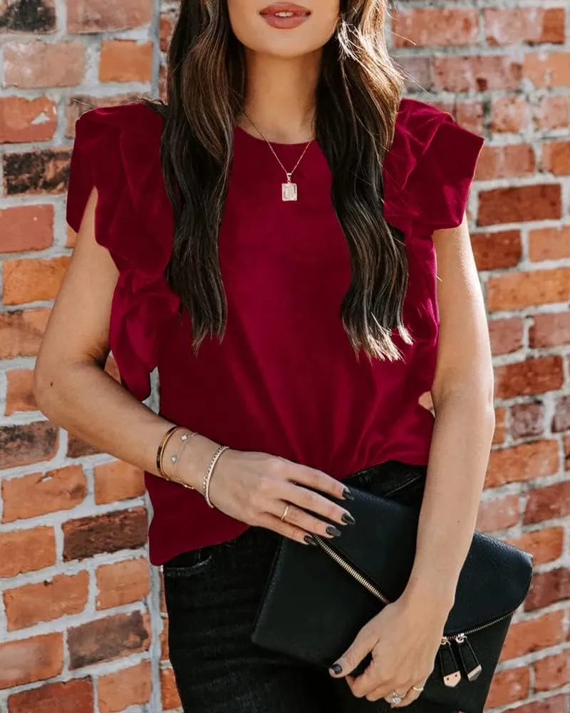 MIRACMODA Womens Elegant Ribbed Velvet Top Crew Neck Short Ruffle Sleeve Casual T Shirt Blouse