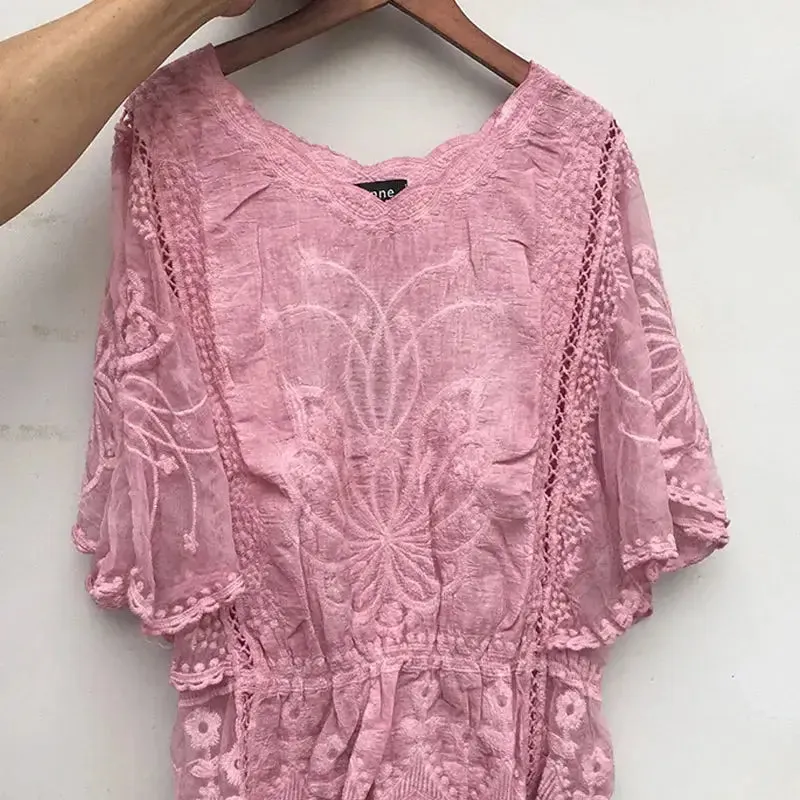 New Butterfly Flower Half Sleeve Shirt Elegant Fashion Women Blouse Summer Cotton Edge Lace O Neck Loose Shirt 4073