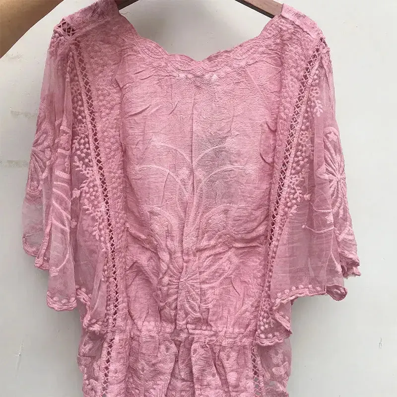 New Butterfly Flower Half Sleeve Shirt Elegant Fashion Women Blouse Summer Cotton Edge Lace O Neck Loose Shirt 4073