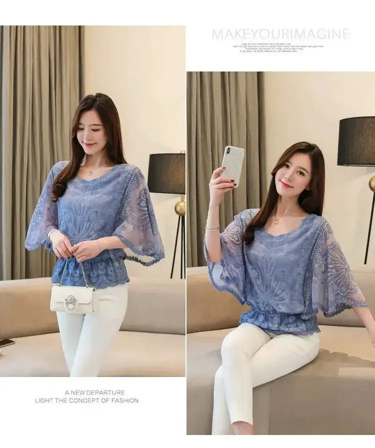 New Butterfly Flower Half Sleeve Shirt Elegant Fashion Women Blouse Summer Cotton Edge Lace O Neck Loose Shirt 4073