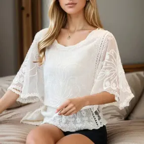 New Butterfly Flower Half Sleeve Shirt Elegant Fashion Women Blouse Summer Cotton Edge Lace O Neck Loose Shirt 4073