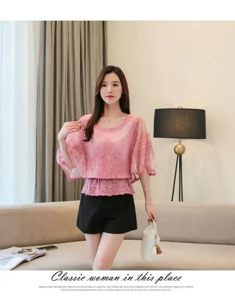 New Butterfly Flower Half Sleeve Shirt Elegant Fashion Women Blouse Summer Cotton Edge Lace O Neck Loose Shirt 4073