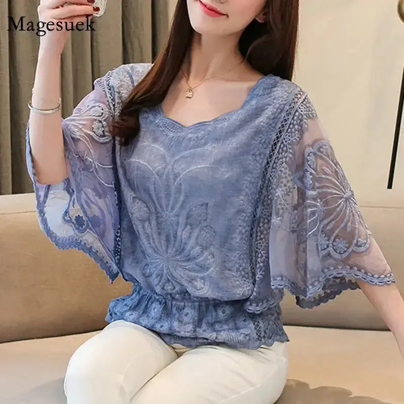 New Butterfly Flower Half Sleeve Shirt Elegant Fashion Women Blouse Summer Cotton Edge Lace O Neck Loose Shirt 4073