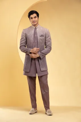 Pastel Brown Open Indo Western Set With Al Over Sequins Work And Metal Buttons