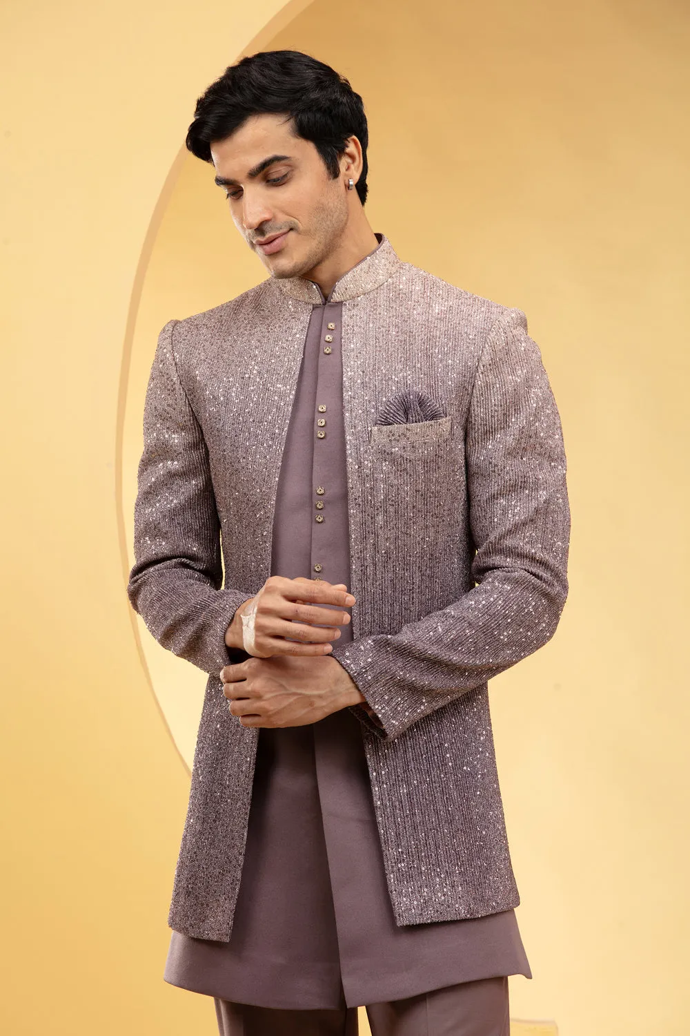 Pastel Brown Open Indo Western Set With Al Over Sequins Work And Metal Buttons