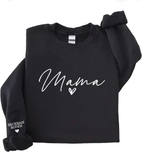 Personalized Mama Embroidered Crewneck Sweatshirt, Mama Sweatshirt, Mom Sweatshirt, Custom Mama Embroidered Sweatshirt With Kids Names Sleeve, Birthday Mother's Day Christmas Mom Mama Mommy