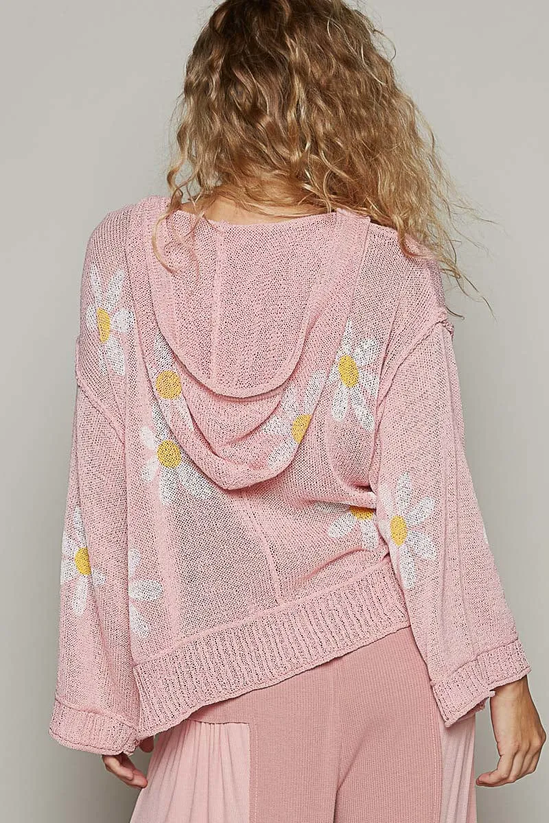 POL V-Neck Long Sleeve Regular Fit Flower Print Lightweight Hoodie