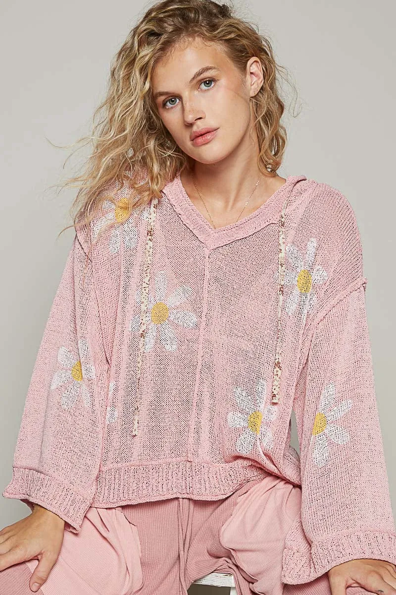 POL V-Neck Long Sleeve Regular Fit Flower Print Lightweight Hoodie